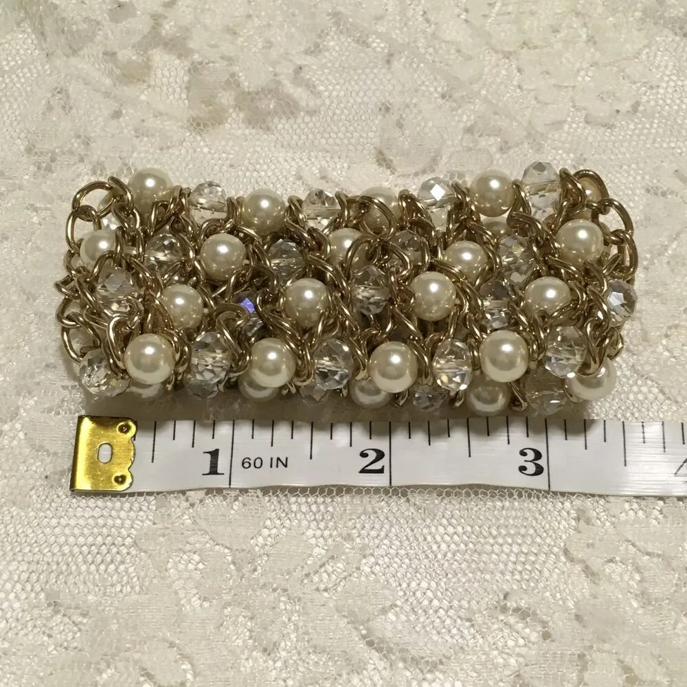 Chunky Stretch Bracelet Gold Tone White Clear Beads